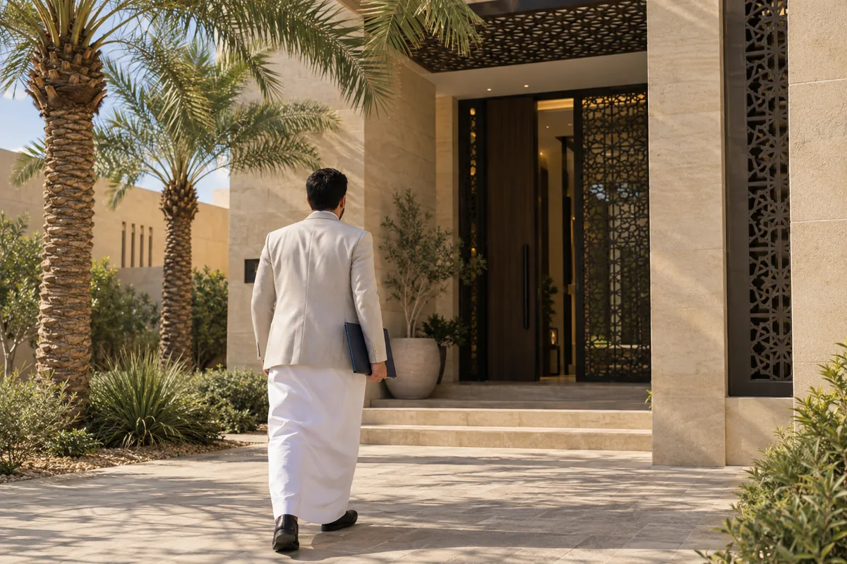 Gestionnaire devant une unité d’hébergement privée à Riyad.