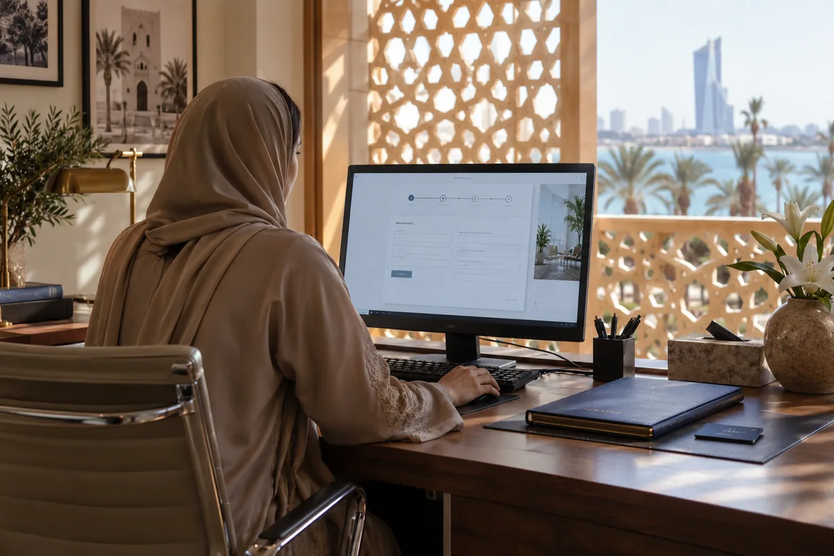 Préparation d’une inscription numérique dans un bureau d’hébergement en Arabie saoudite.