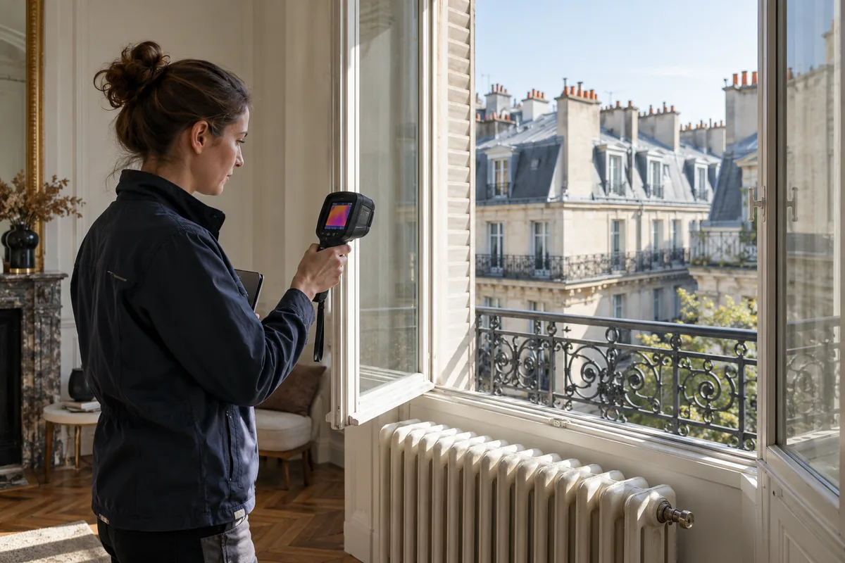 Diagnostic énergétique d’un appartement français avec une caméra thermique.