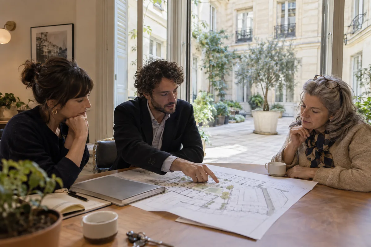 Copropriétaires réunis autour du plan de leur immeuble en France.