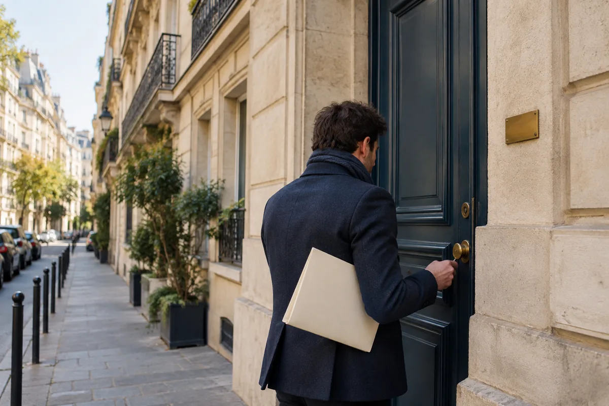 Entrée d’un immeuble français avec clés et dossier de déclaration.