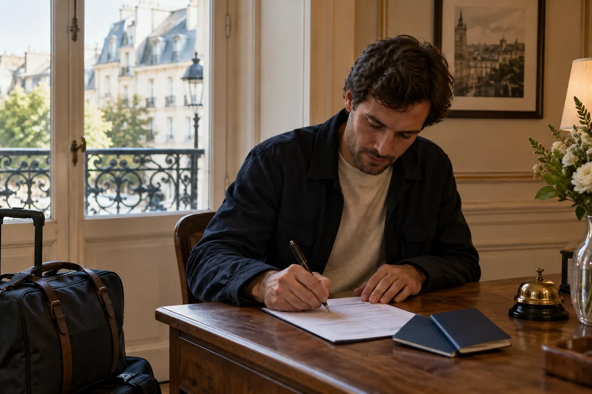 Voyageur complétant une fiche d’arrivée dans une maison d’hôtes française.