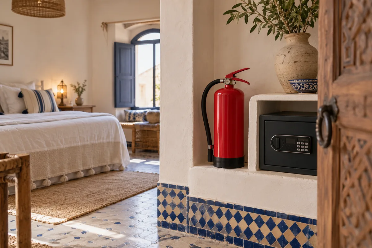 Extincteur et coffre dans l’entrée d’une chambre d’hôtes marocaine.
