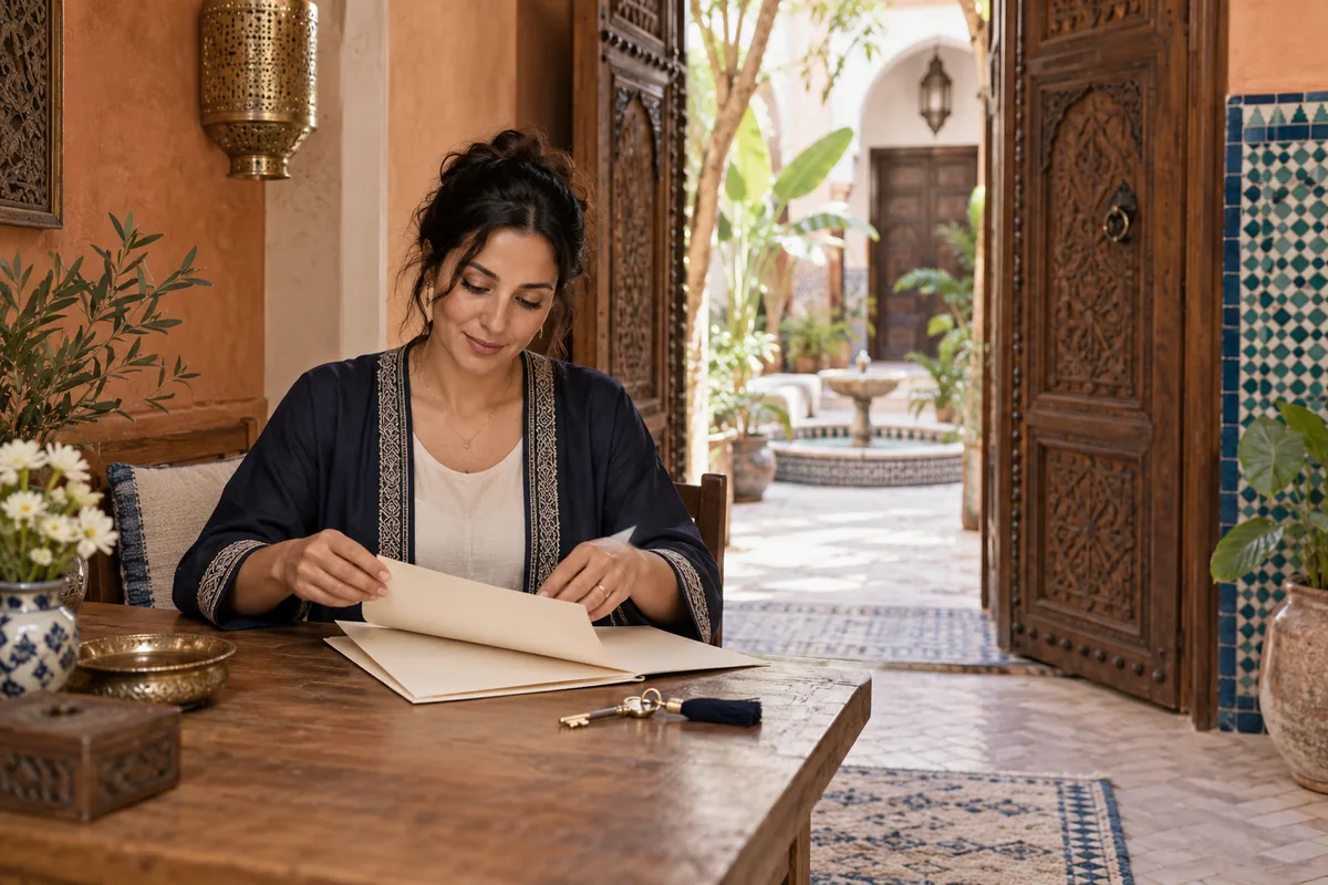 Une hôte prépare son dossier d’autorisation à l’entrée d’un riad marocain.