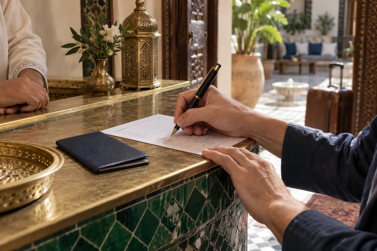 Signature d’une fiche d’arrivée sur le comptoir d’un riad marocain.