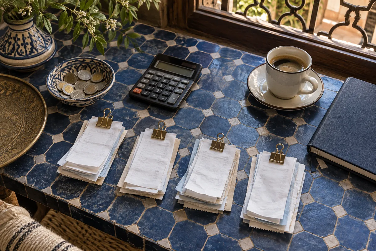 Calculatrice, pièces et reçus pour le suivi de la taxe de séjour au Maroc.