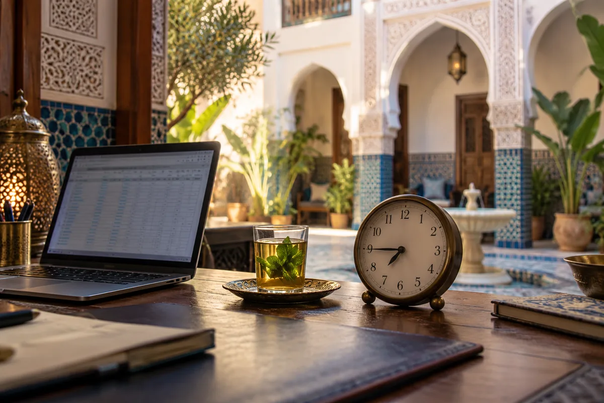 Ordinateur et horloge au petit matin à la réception d’un riad.